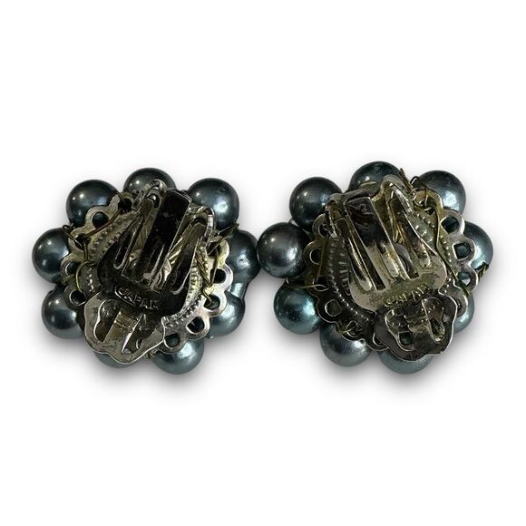 Vintage Classy Silver Tone Blue Green Pearl Bead Cluster Clip On Earrings Marked - Picture 4 of 7